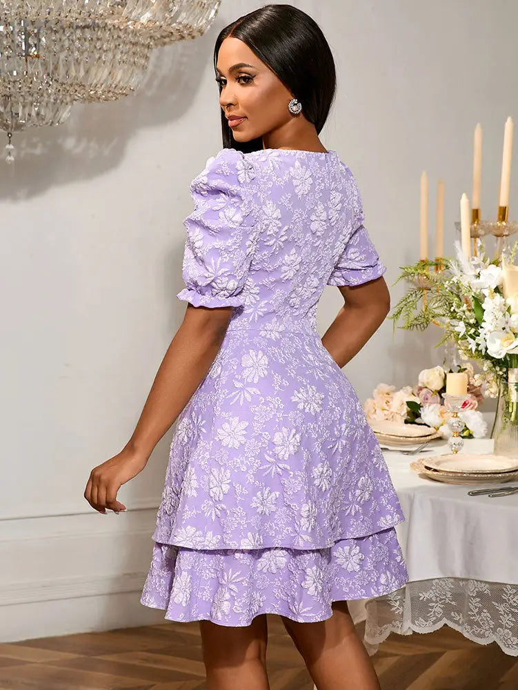 Elegant Party Dress Short Puff Sleeve A Line Jacquard Mini