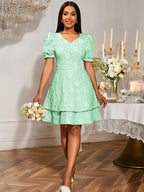 Elegant Party Dress Short Puff Sleeve A Line Jacquard Mini