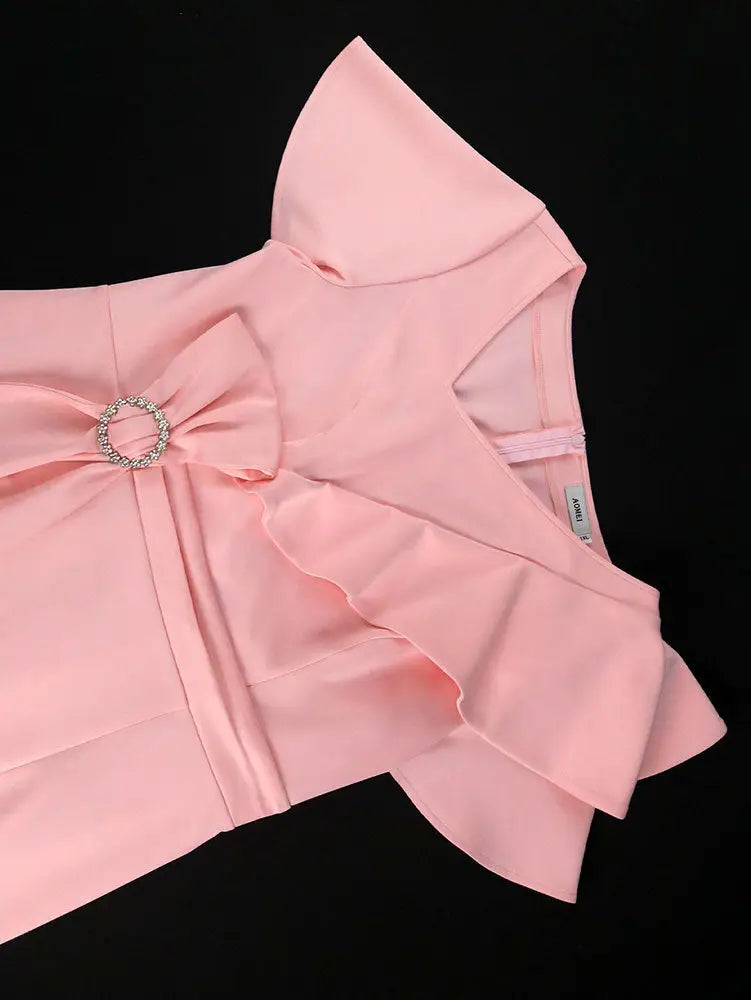 Elegant Pink V Neck Party Outfits For Women Ruffles Bow