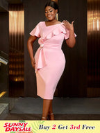 Elegant Pink V Neck Party Outfits For Women Ruffles Bow