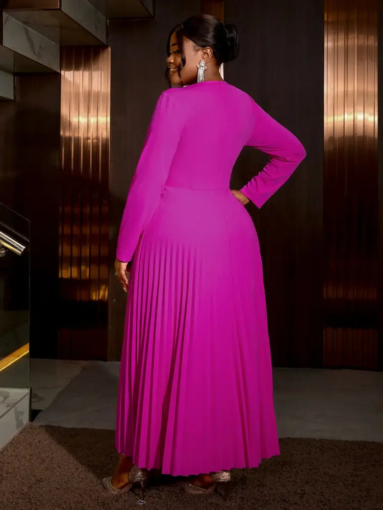 Elegant V-neck Dress Long Sleeved Pleated A-line Loose