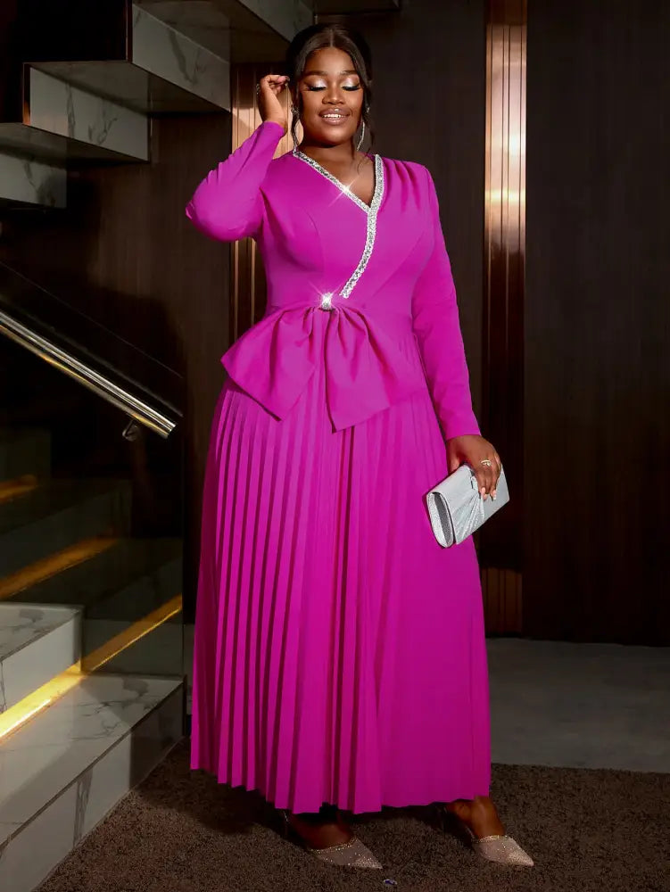 Elegant V-neck Dress Long Sleeved Pleated A-line Loose