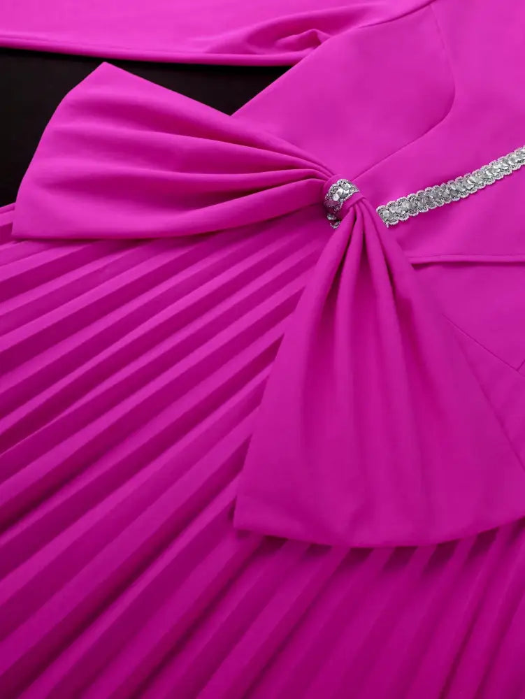 Elegant V-neck Dress Long Sleeved Pleated A-line Loose