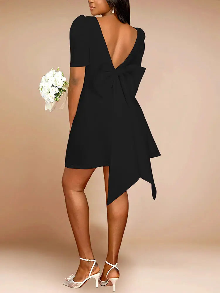 Elegant Wedding Guest Mini Dresses Backless Bow Puff Sleeve