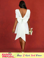 Elegant Wedding Guest Mini Dresses Backless Bow Puff Sleeve