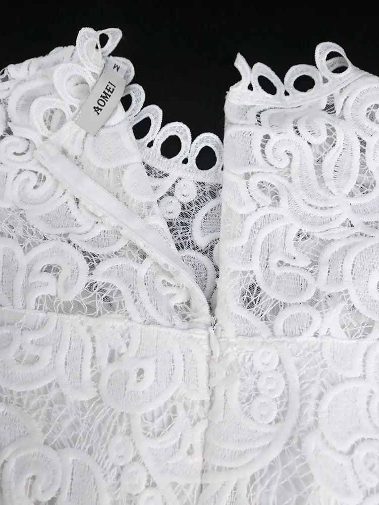Elegant White Lace Wedding Guest Dress Puff Sleeve O Neck