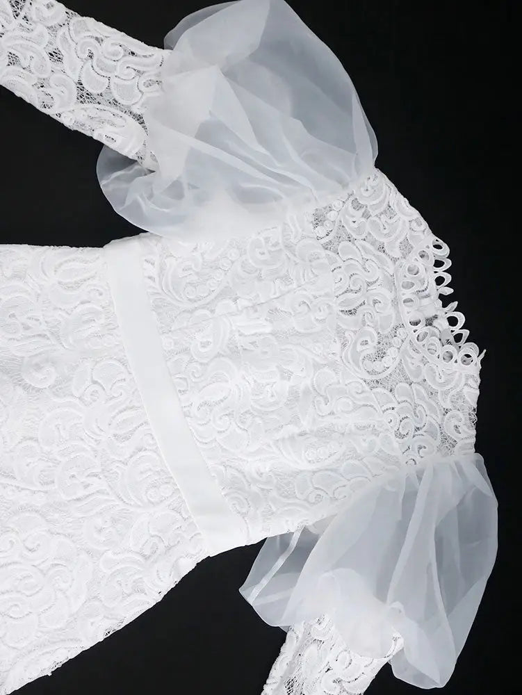 Elegant White Lace Wedding Guest Dress Puff Sleeve O Neck
