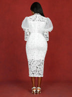 Elegant White Lace Wedding Guest Dress Puff Sleeve O Neck