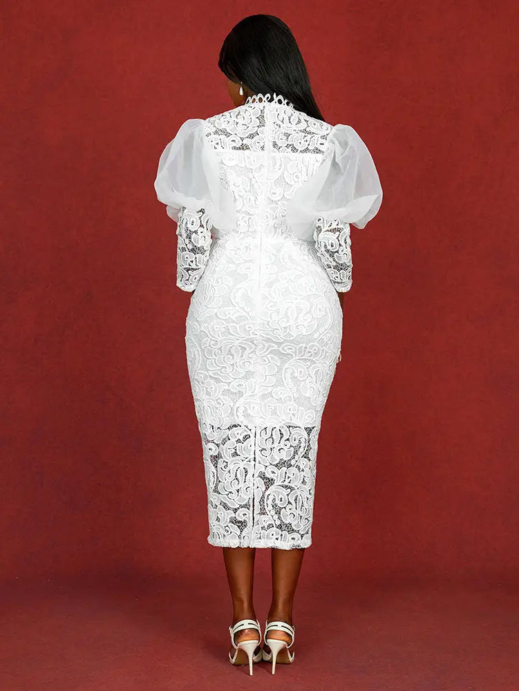 Elegant White Lace Wedding Guest Dress Puff Sleeve O Neck