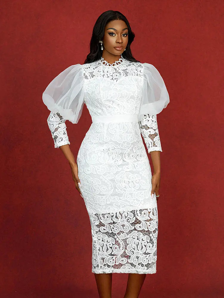 Elegant White Lace Wedding Guest Dress Puff Sleeve O Neck
