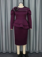 Evening Dress Silver Thread Embroidered Floral Long Sleeve