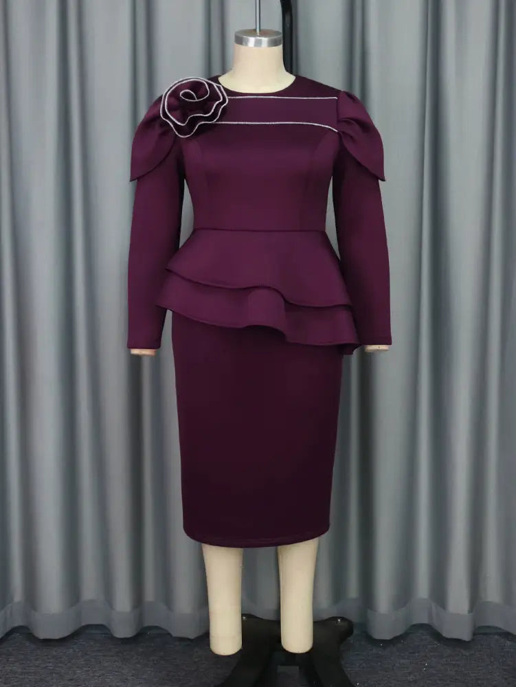 Evening Dress Silver Thread Embroidered Floral Long Sleeve