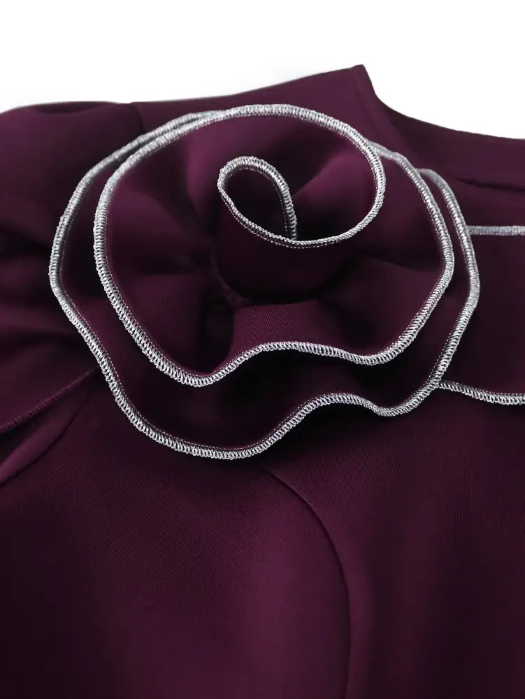 Evening Dress Silver Thread Embroidered Floral Long Sleeve