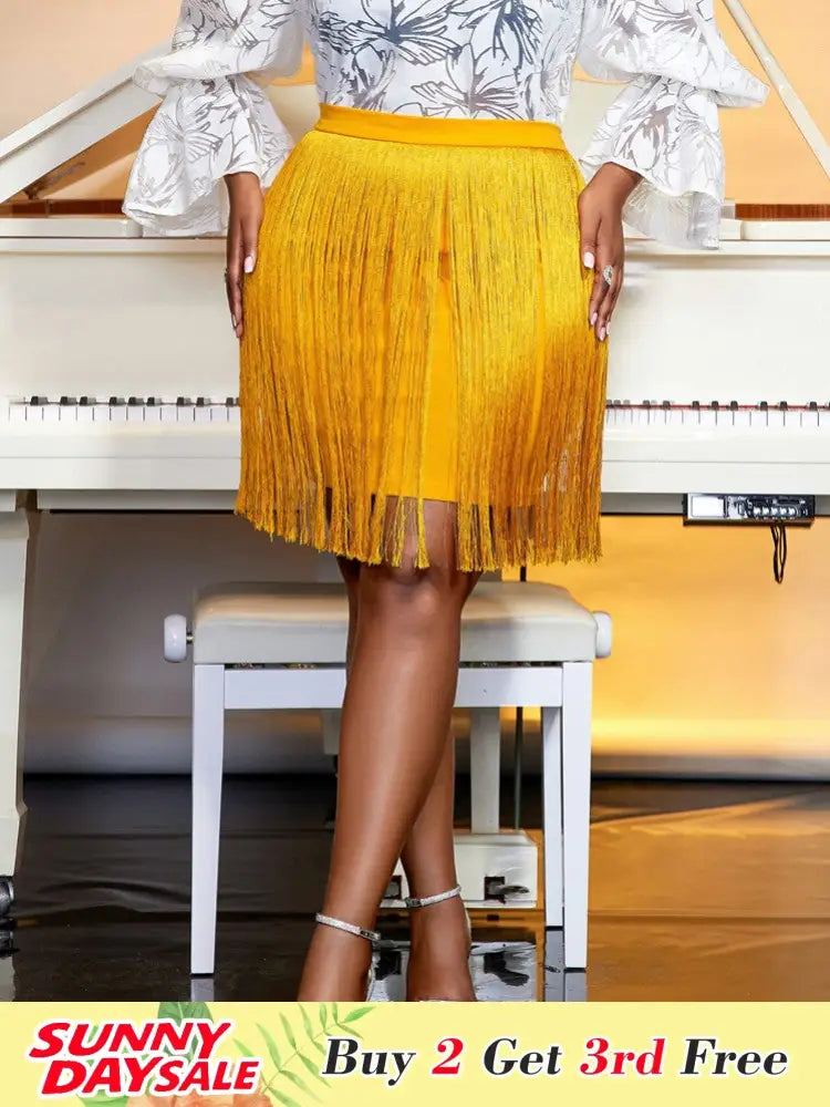 Fashion Tassels Wrap Skirts Women Elastic Waist Dance Party Gold