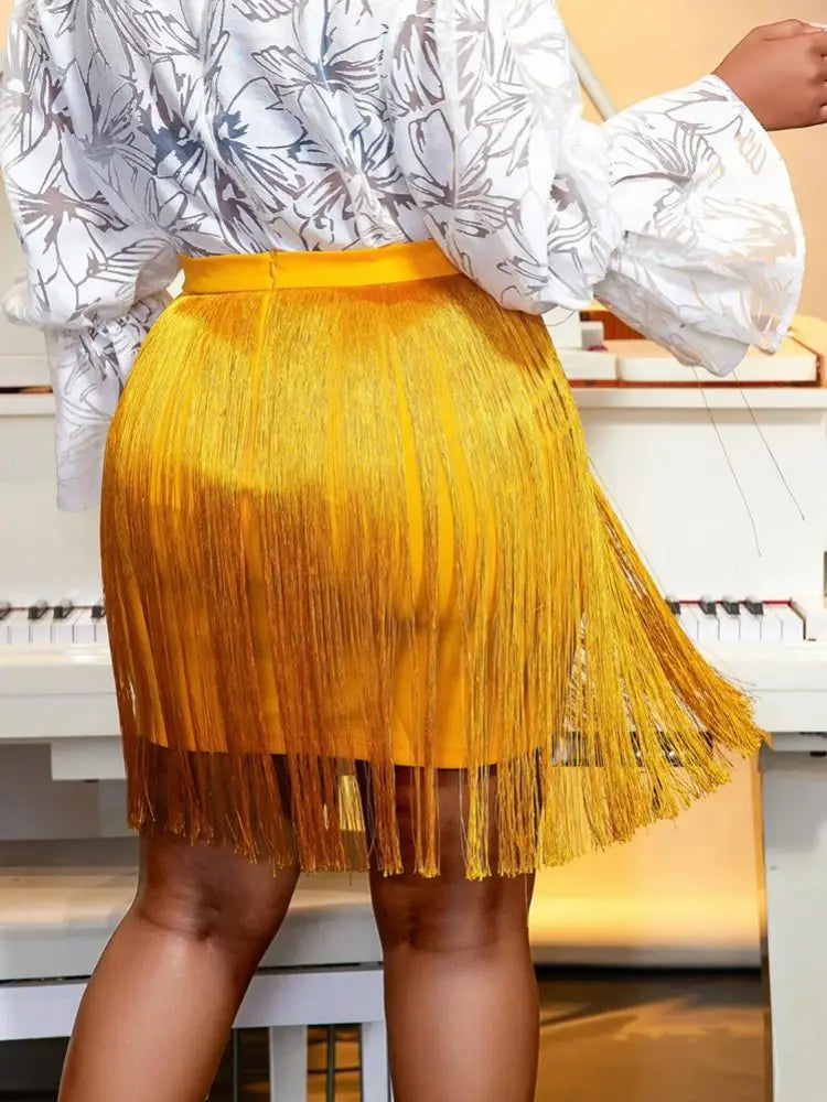Fashion Tassels Wrap Skirts Women Elastic Waist Dance Party Gold