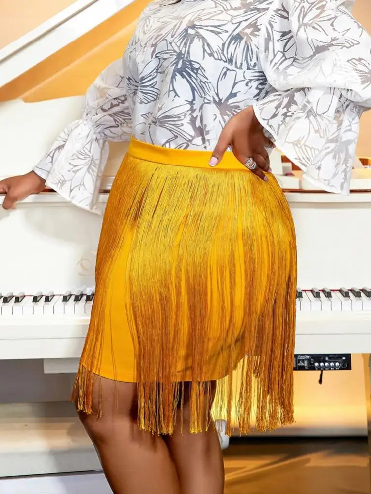 Fashion Tassels Wrap Skirts Women Elastic Waist Dance Party Gold