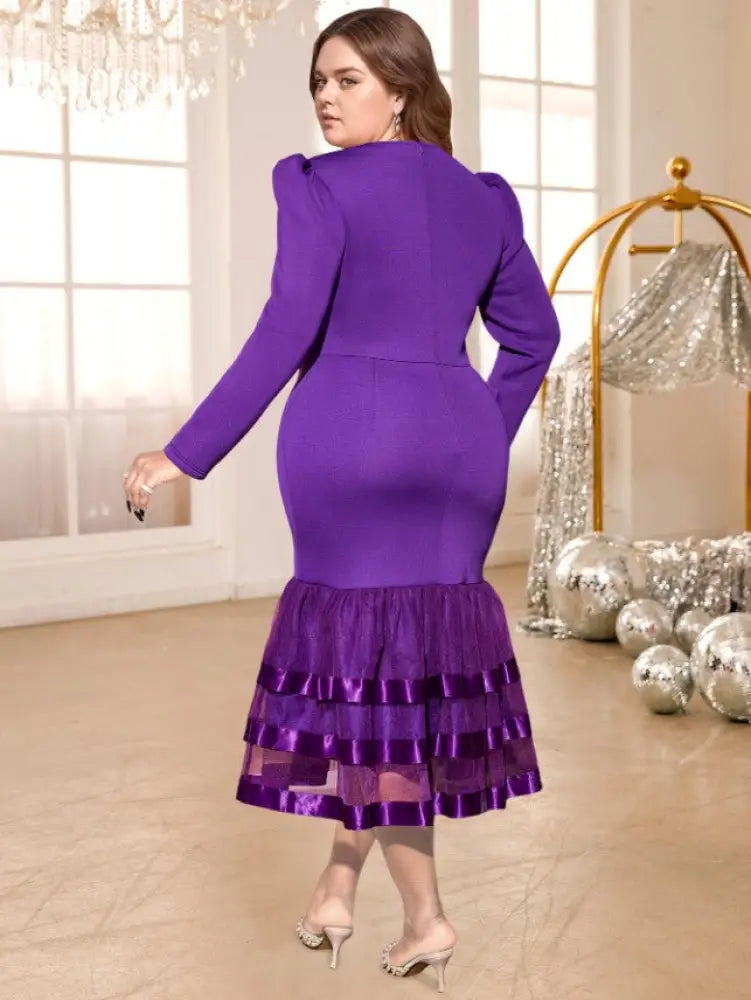 Fishtail Dress O Neck Long Sleeves Beading Mesh Patchwork