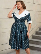 Floral Print Turn Down Collar Short Sleeve A Line Dress