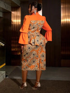 Floral Printed Midi Dress Long Sleeve Patchwork Peplum