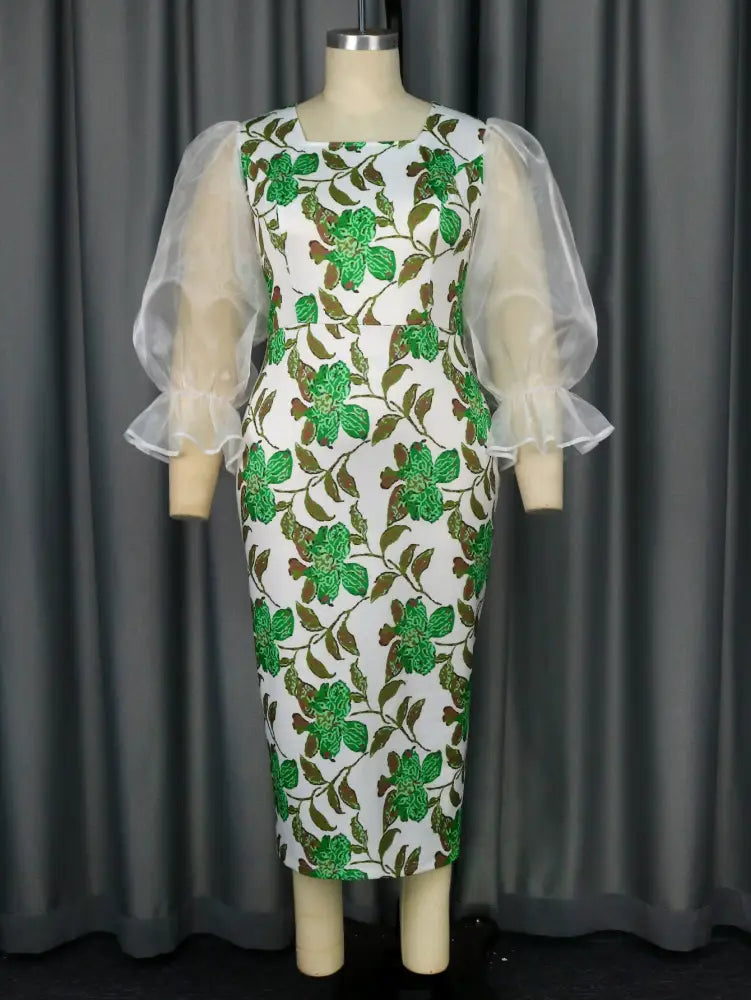 Flower Printed Dress Mesh Patchwork Long Lantern Sleeve