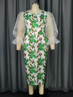 Flower Printed Dress Mesh Patchwork Long Lantern Sleeve