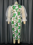 Flower Printed Dress Mesh Patchwork Long Lantern Sleeve