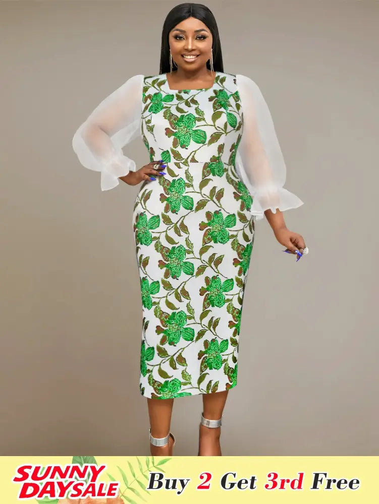 Flower Printed Dress Mesh Patchwork Long Lantern Sleeve