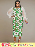 Flower Printed Dress Mesh Patchwork Long Lantern Sleeve