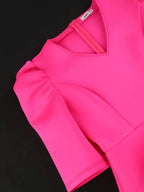 Fuchsia V Neck Half Sleeve Ruffles Office Dress