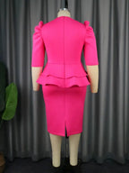 Fuchsia V Neck Half Sleeve Ruffles Office Dress