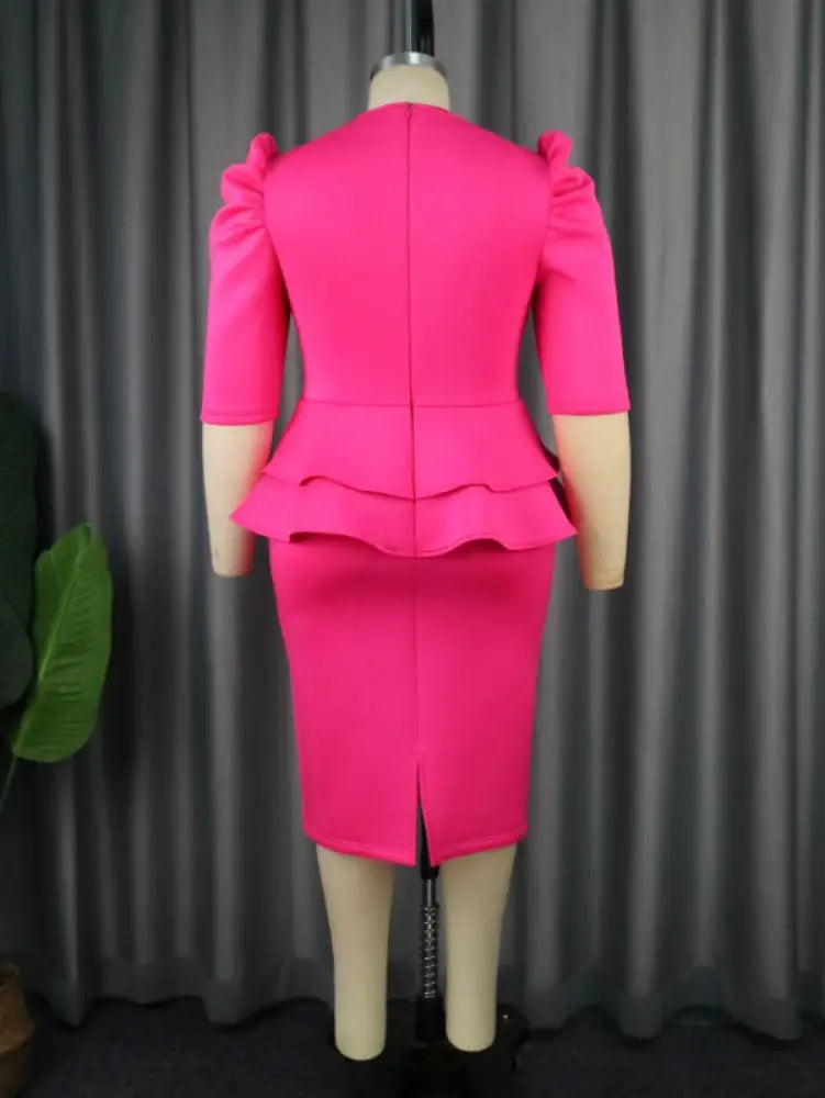 Fuchsia V Neck Half Sleeve Ruffles Office Dress