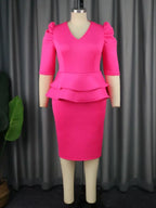 Fuchsia V Neck Half Sleeve Ruffles Office Dress