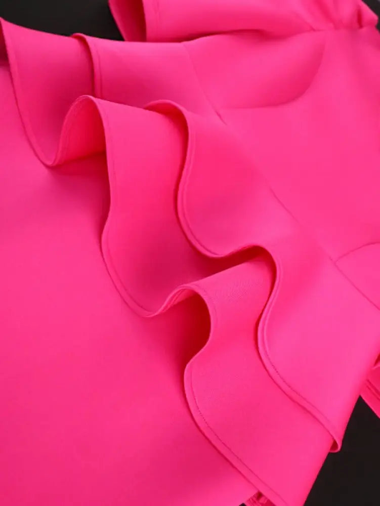 Fuchsia V Neck Half Sleeve Ruffles Office Dress
