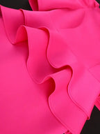 Fuchsia V Neck Half Sleeve Ruffles Office Dress