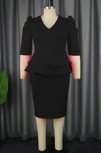 Fuchsia V Neck Half Sleeve Ruffles Office Dress
