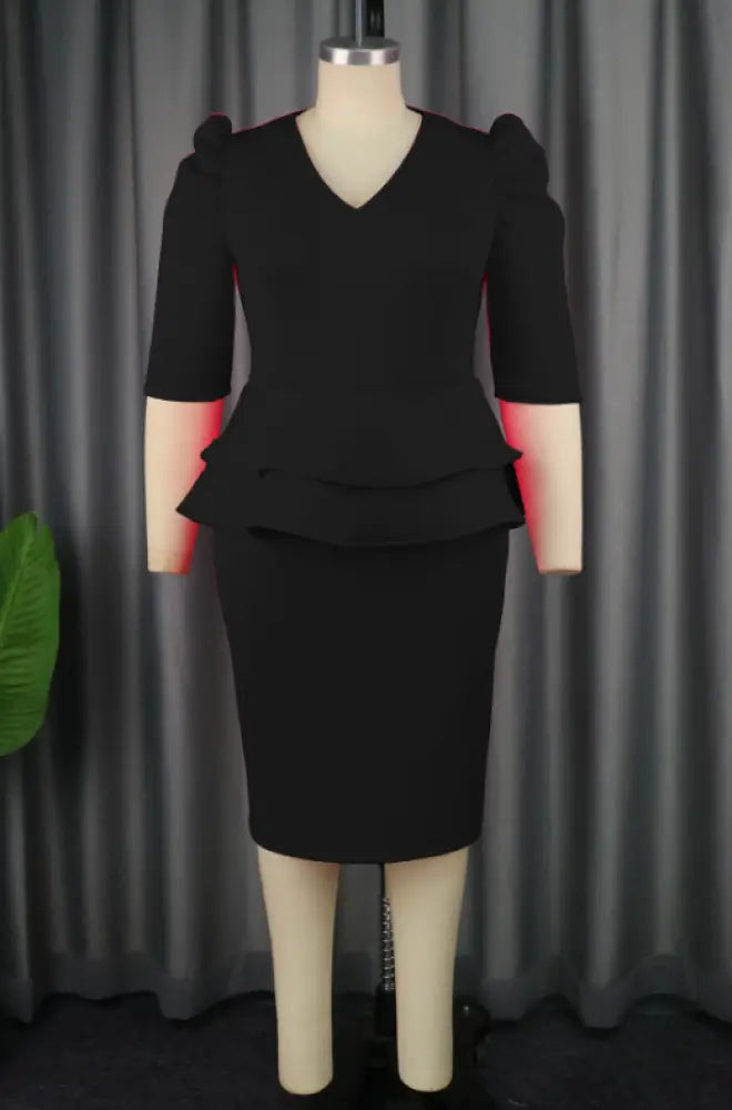 Fuchsia V Neck Half Sleeve Ruffles Office Dress