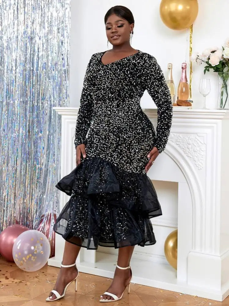 Glitter Sequin Long Sleeve Church Dresses Mermaid Maxi Gowns