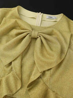 Gold Ruffle Bow Puff Sleeve O Neck Dress for Spring Wedding Guest