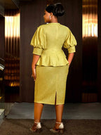 Gold Ruffle Bow Puff Sleeve O Neck Dress for Spring Wedding Guest