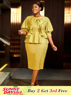 Gold Ruffle Bow Puff Sleeve O Neck Dress for Spring Wedding Guest