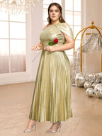 Gold Shiny Pleated Dress One Shoulder Diagonal Collar