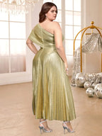 Gold Shiny Pleated Dress One Shoulder Diagonal Collar