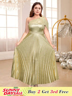 Gold Shiny Pleated Dress One Shoulder Diagonal Collar