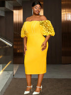 Gold Wedding Guest Dress One Shoulder Floral Sleeves