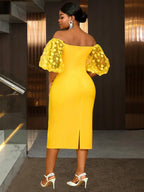Gold Wedding Guest Dress One Shoulder Floral Sleeves