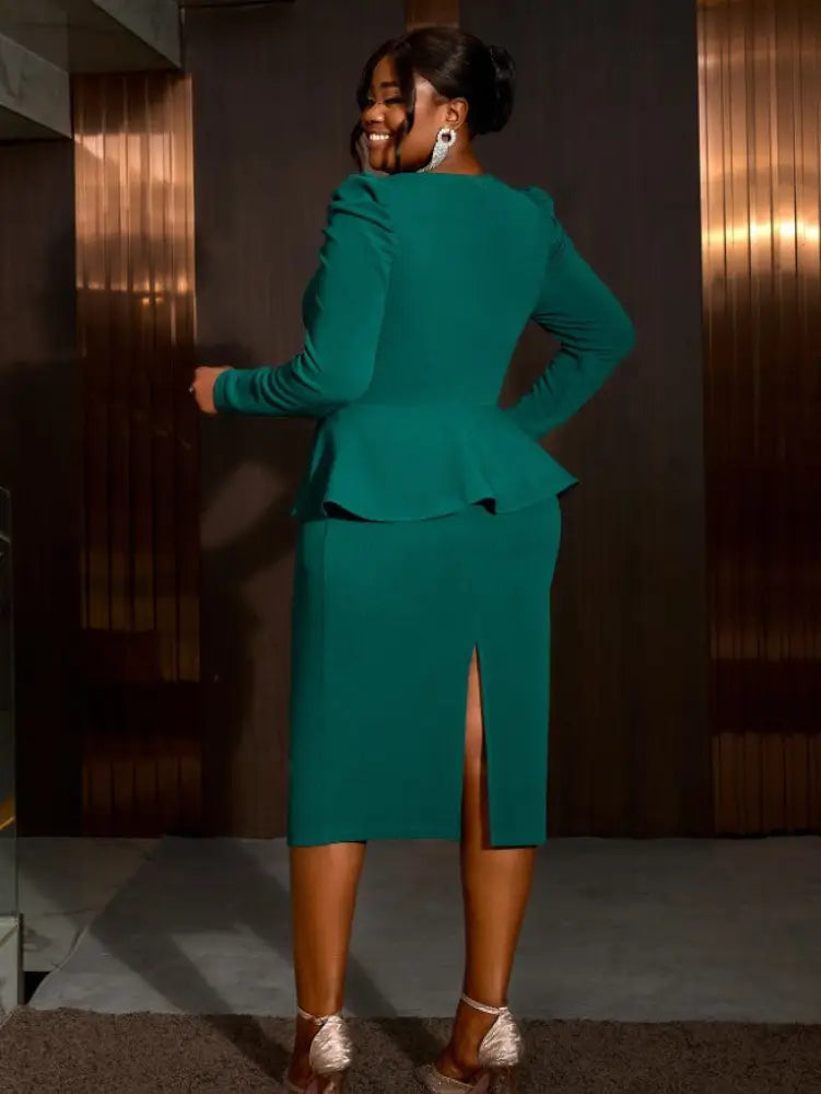 Graceful Midi Dress V Neck Long Sleeves Button Ruffles