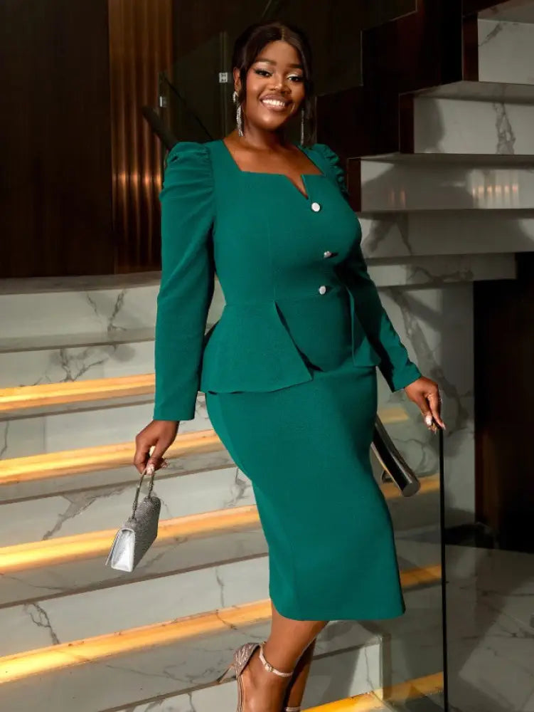 Graceful Midi Dress V Neck Long Sleeves Button Ruffles