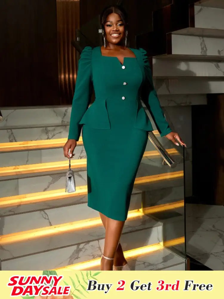 Graceful Midi Dress V Neck Long Sleeves Button Ruffles