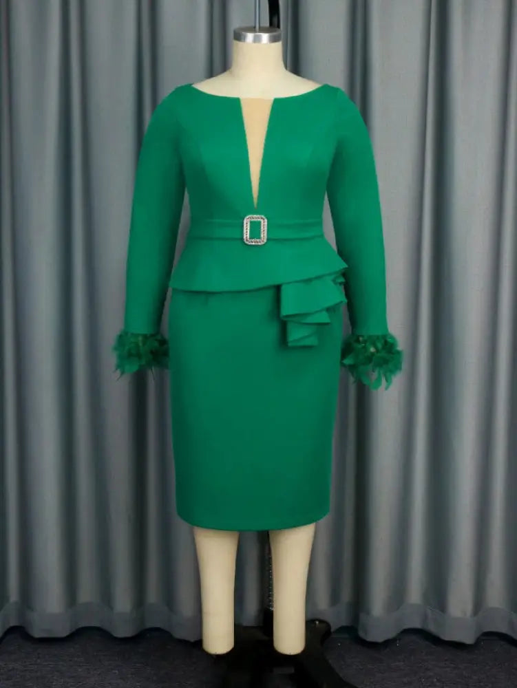 Green Bodycon Dress V-neck Patchwork Feather Long Sleeve