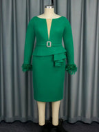 Green Bodycon Dress V-neck Patchwork Feather Long Sleeve